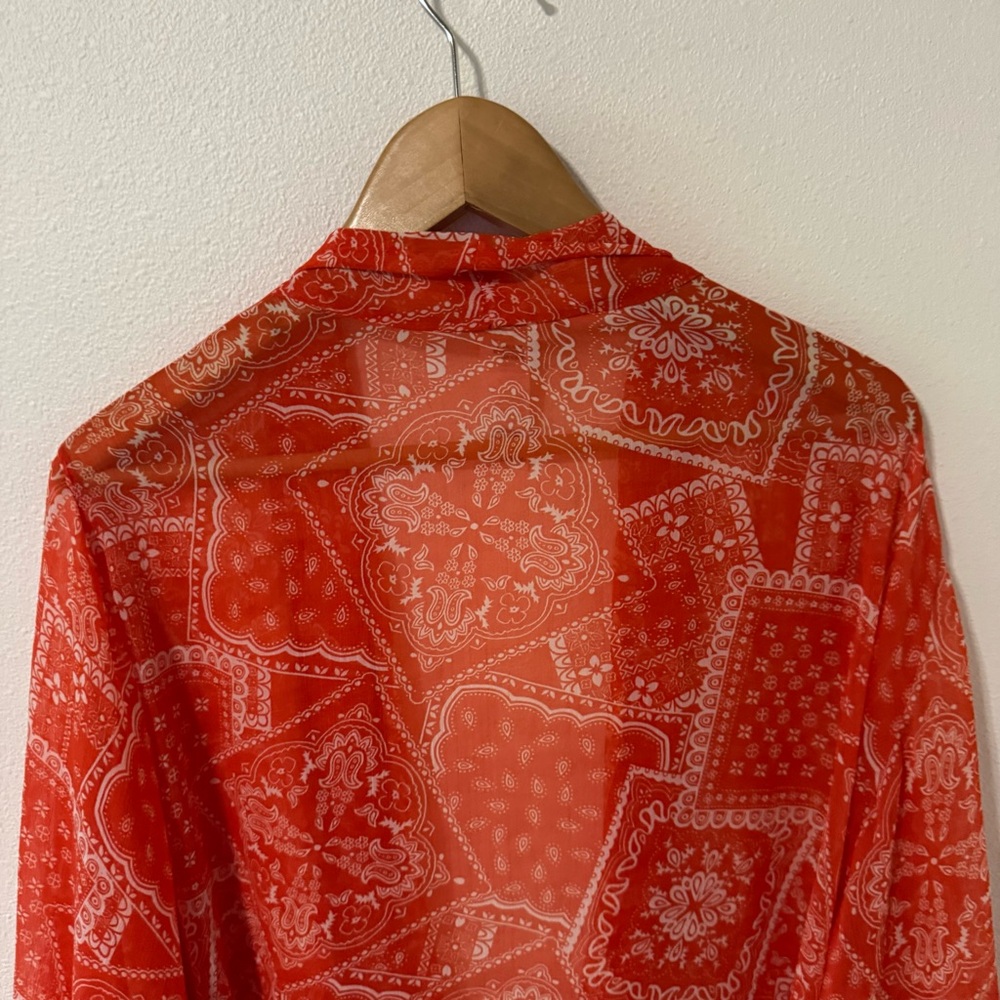 Free People Golden Hour Tie Front Kimono Orange Bandanna Print Sheer Dolman-OS - Picture 6 of 8